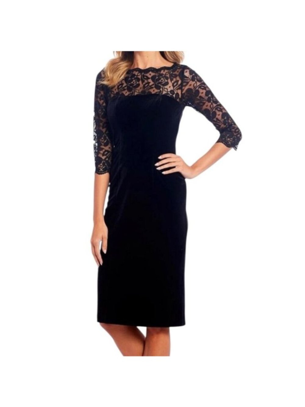 NWT Eliza J Womens Black Lace Velvet 3/4 Sleeve Sheath Dress Size 6